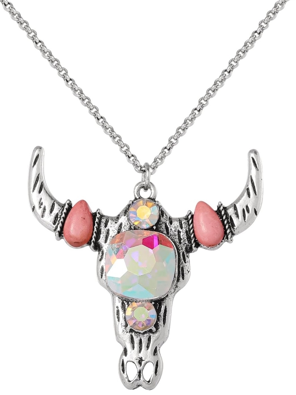 Jessica Simpson Silver-Tone Bull Skull Necklace with Pink and Iridescent Stones